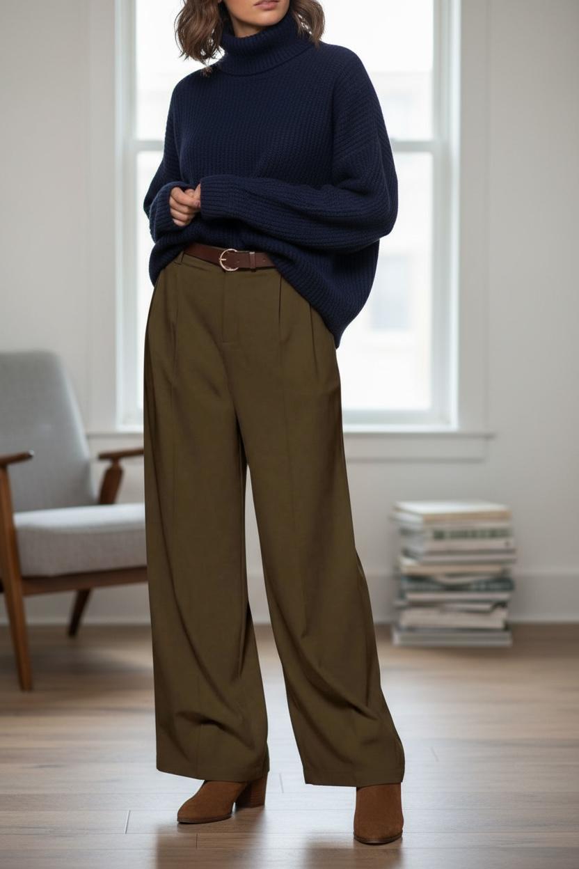 Pantalon fluide oversize taille haute - Tabac