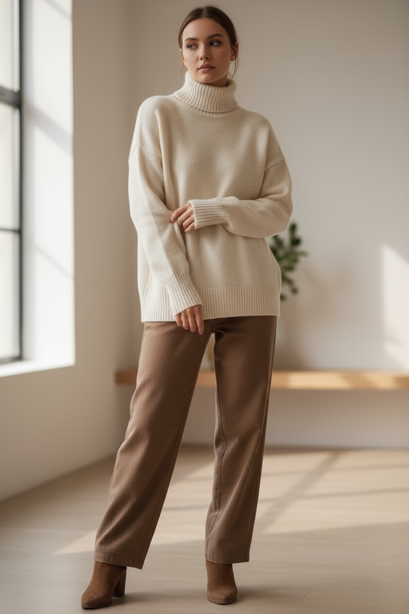 Pull oversize femme col roulé crème – gros pull chaud automne hiver tendance chic cosy