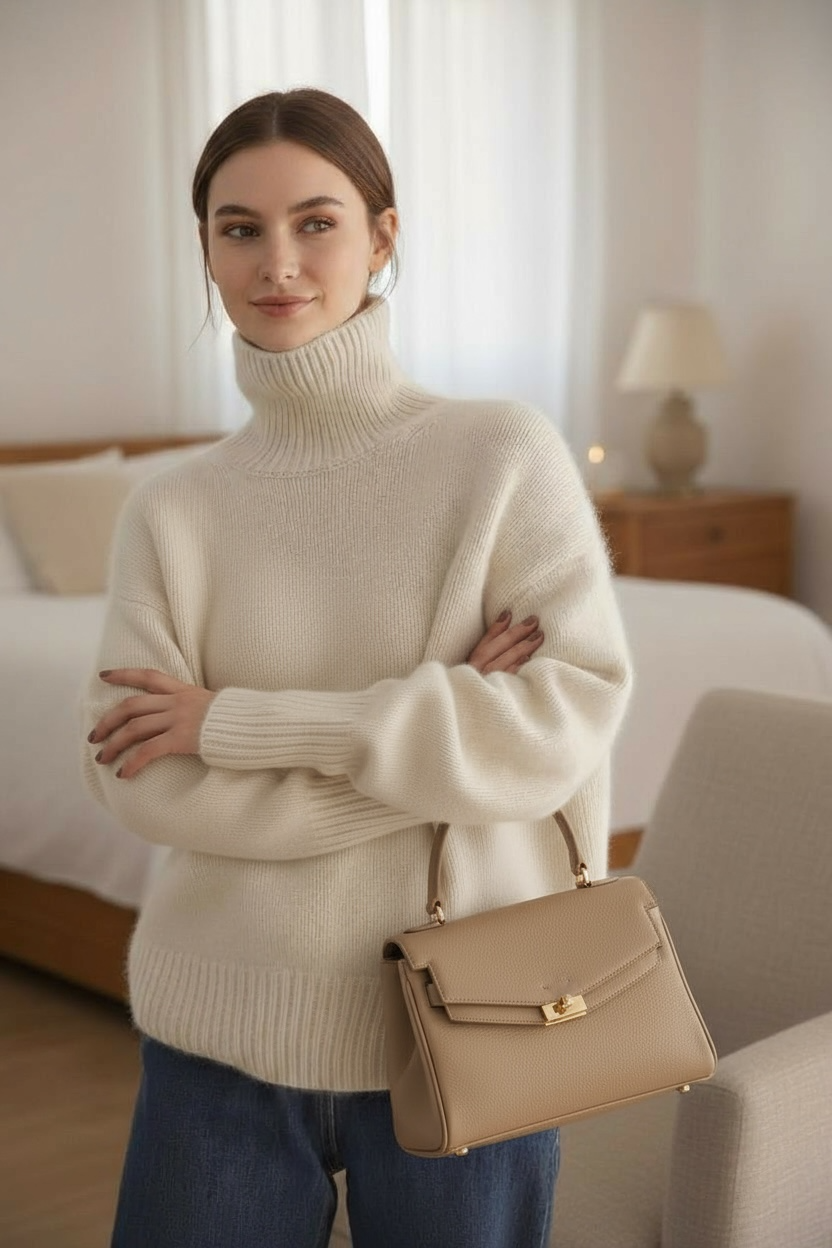 Pull oversize femme col roulé crème – gros pull chaud automne hiver tendance chic cosy