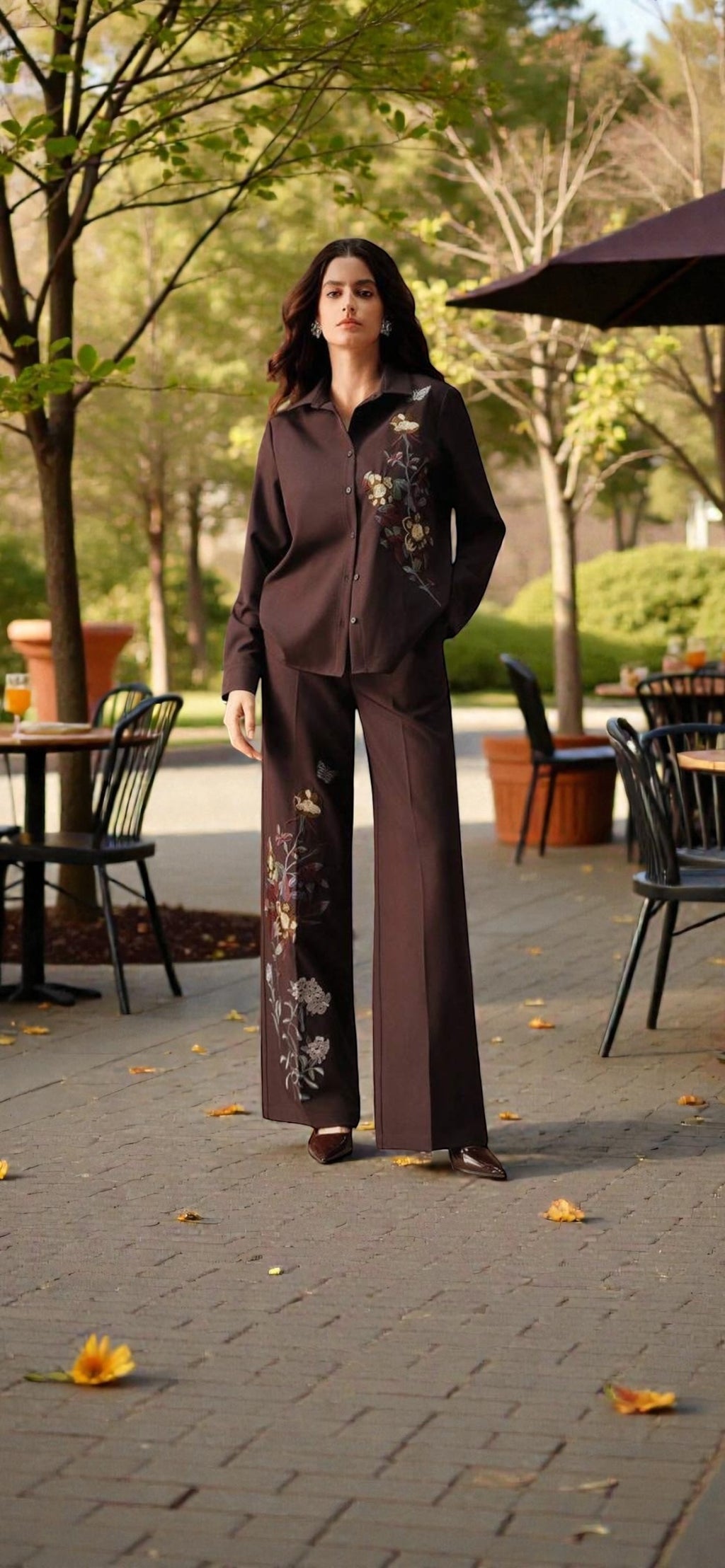 Combinaison Pantalon Marron à Broderies Florales – Élégance Tailleur, Coupe Palazzo