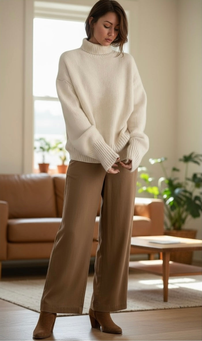 Pull oversize femme col roulé crème – gros pull chaud automne hiver tendance chic cosy