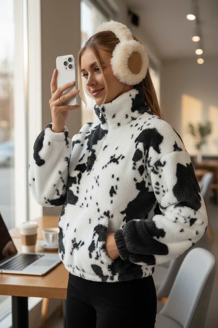 Veste Polaire Sherpa Femme Motif Tacheté – Ultra-Douce, Coupe Oversize, Style Ranch & Streetwear