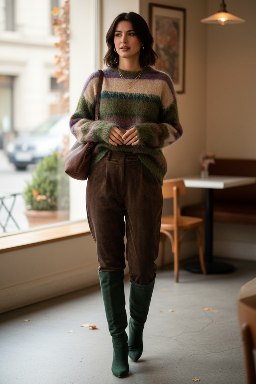 Pull mohair rayé vintage – douceur, chaleur et style rétro 🌿💜