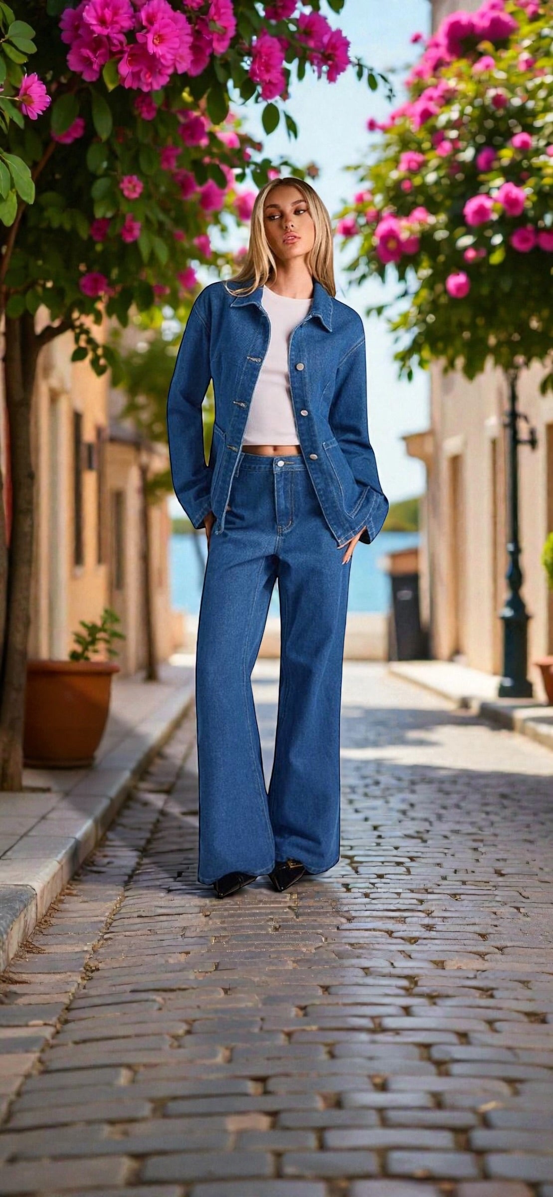 Ensemble en denim 2 pièces Jean wide Leg - Veste Denim ajustée boutons - printemps beaux jours