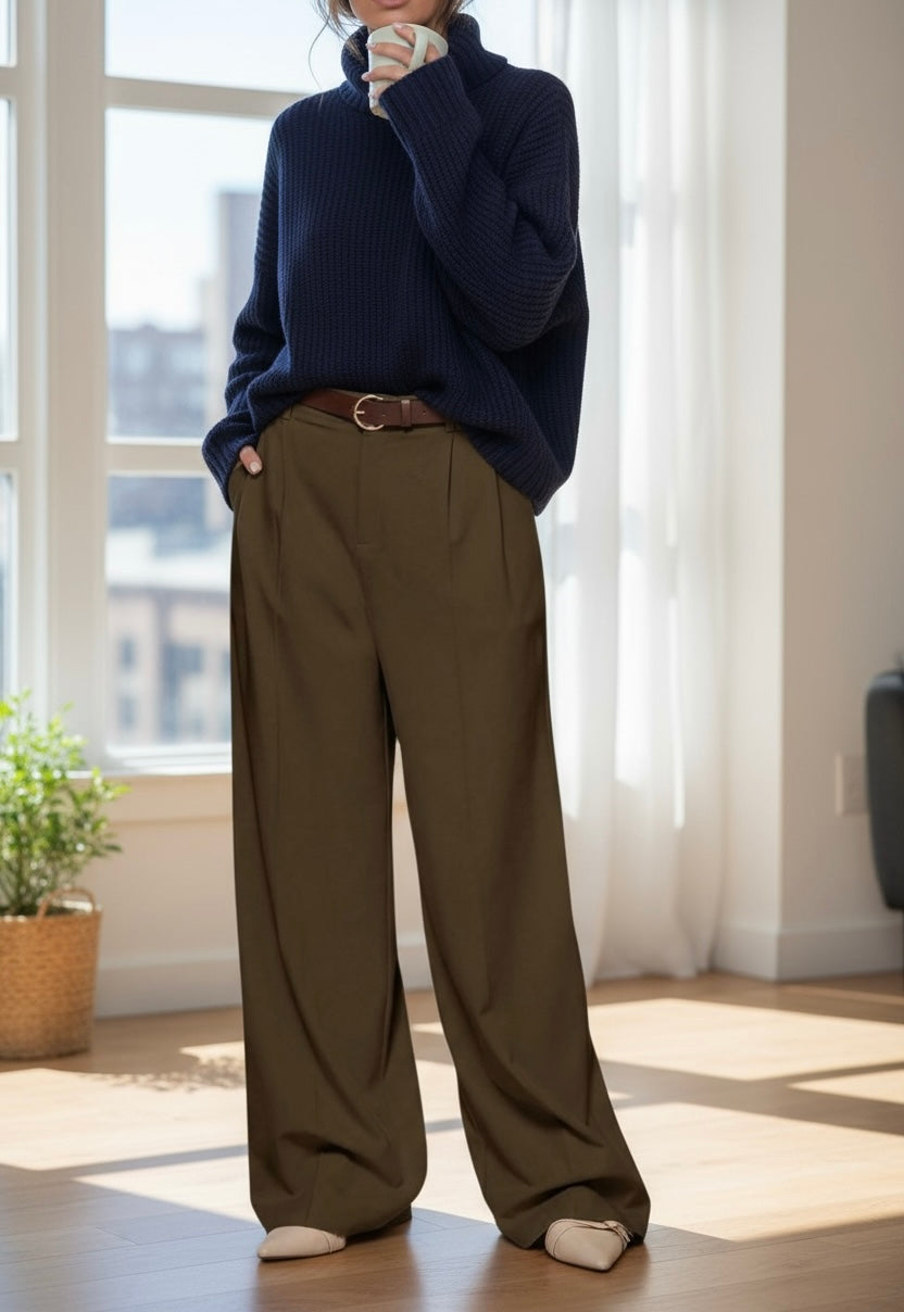 Pantalon fluide oversize taille haute - Tabac