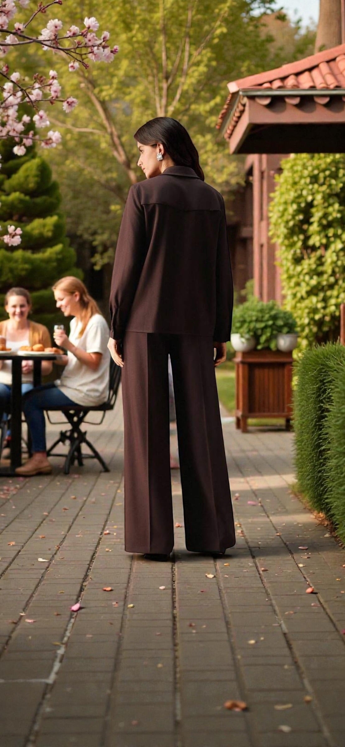 Combinaison Pantalon Marron à Broderies Florales – Élégance Tailleur, Coupe Palazzo