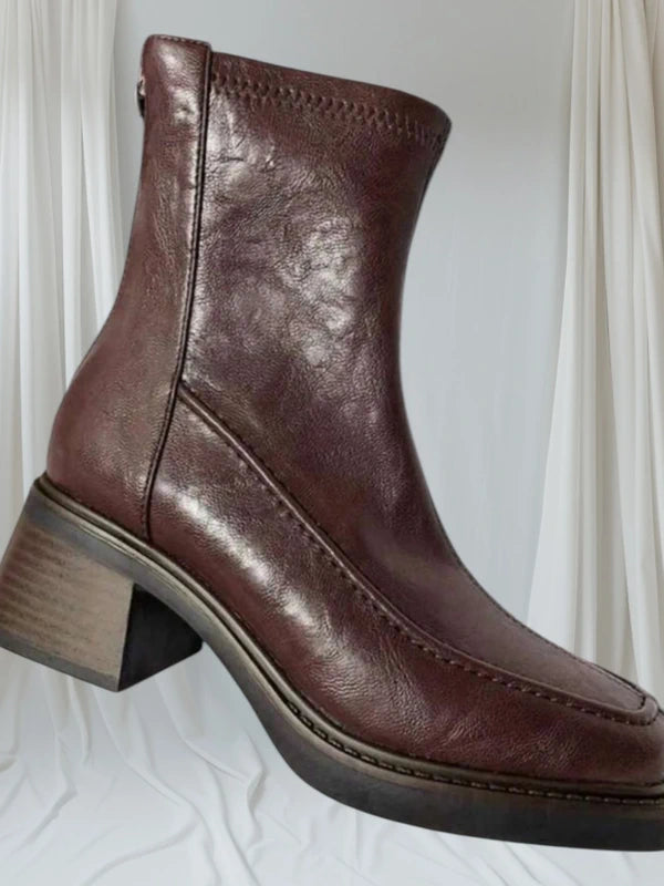 Bottines femme en cuir brun vintage – Talon bloc stable & bout carré structuré