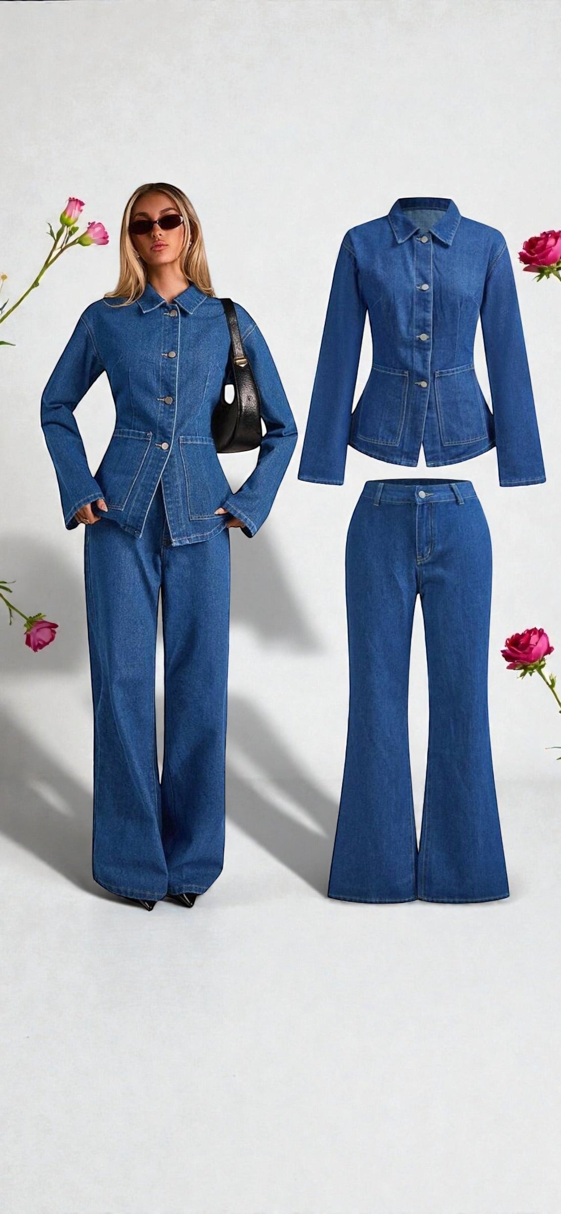 Ensemble en denim 2 pièces Jean wide Leg - Veste Denim ajustée boutons - printemps beaux jours