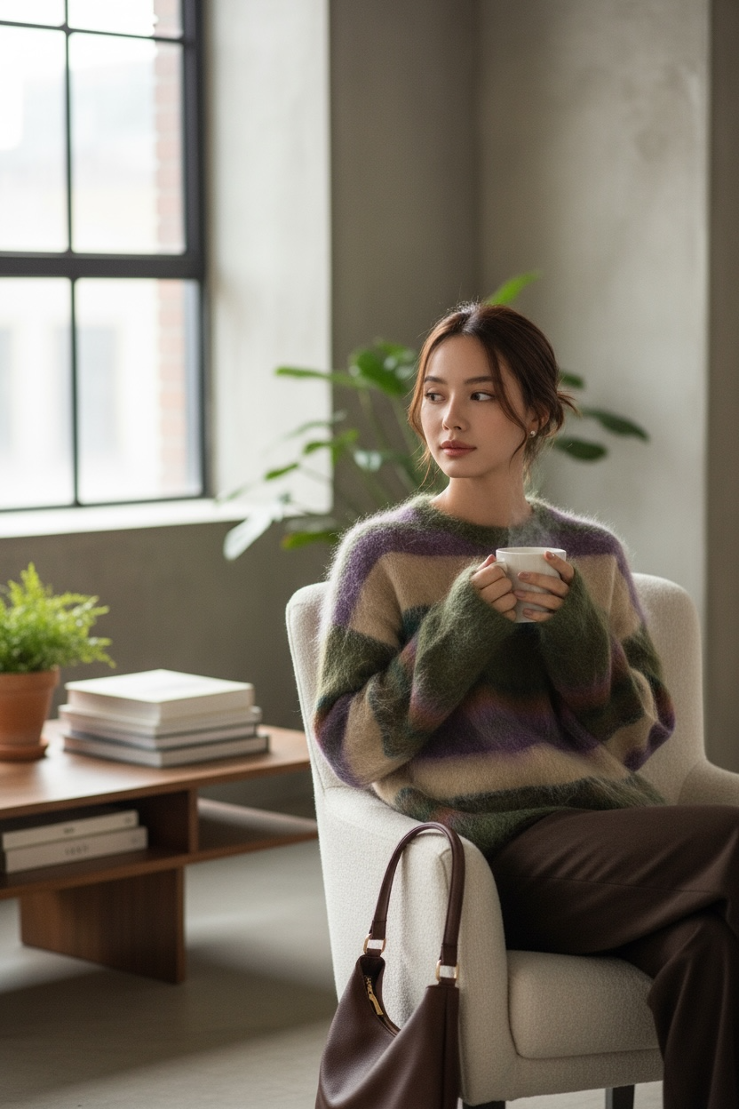 Pull mohair rayé vintage – douceur, chaleur et style rétro 🌿💜