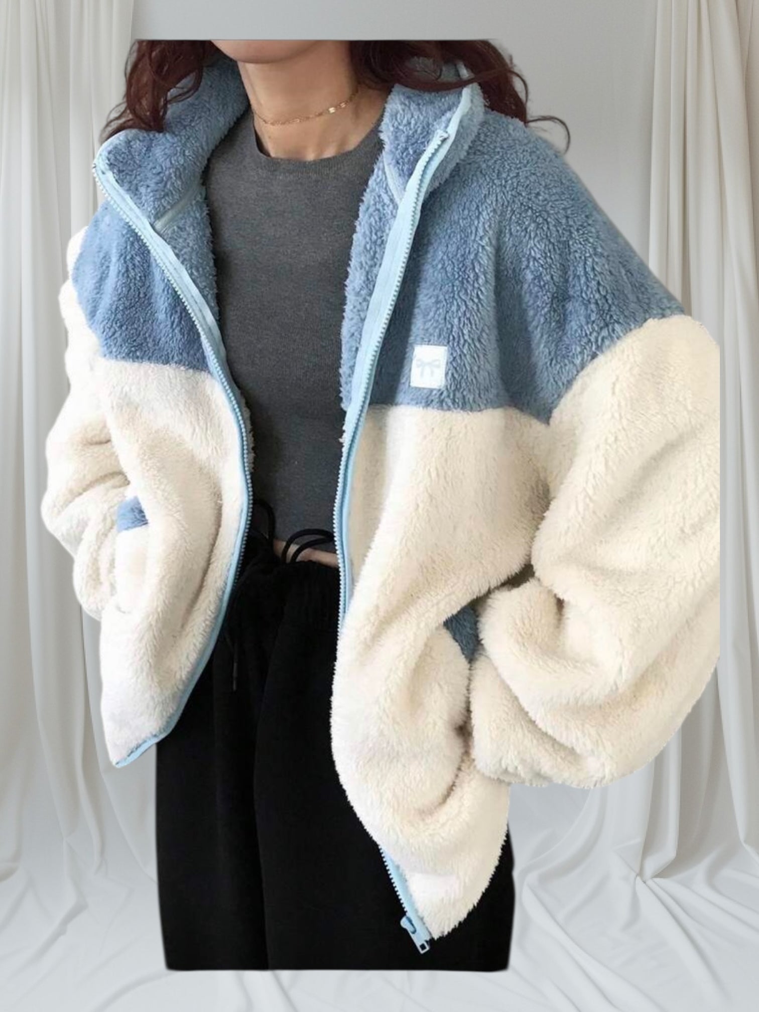 Teddy zippé bicolore polaire – bleu glacier & ivoire