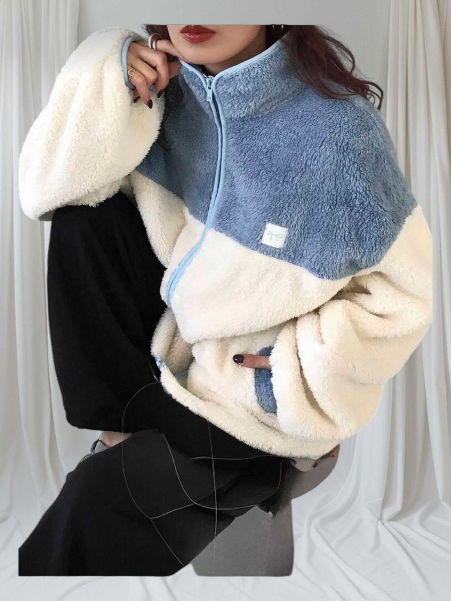 Teddy zippé bicolore polaire – bleu glacier & ivoire