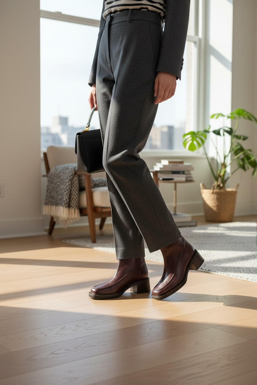 Bottines femme en cuir brun vintage – Talon bloc stable & bout carré structuré