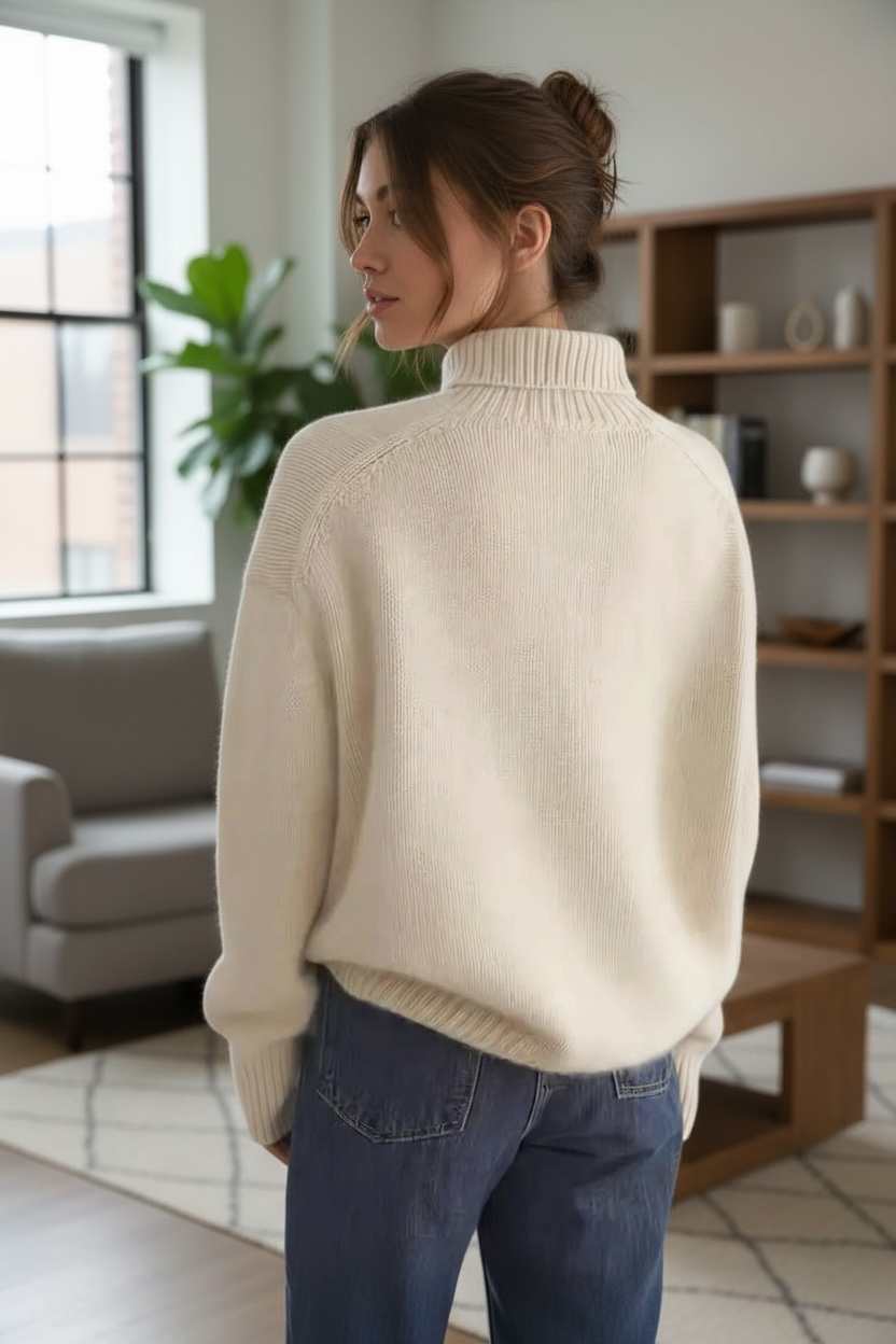 Pull oversize femme col roulé crème – gros pull chaud automne hiver tendance chic cosy