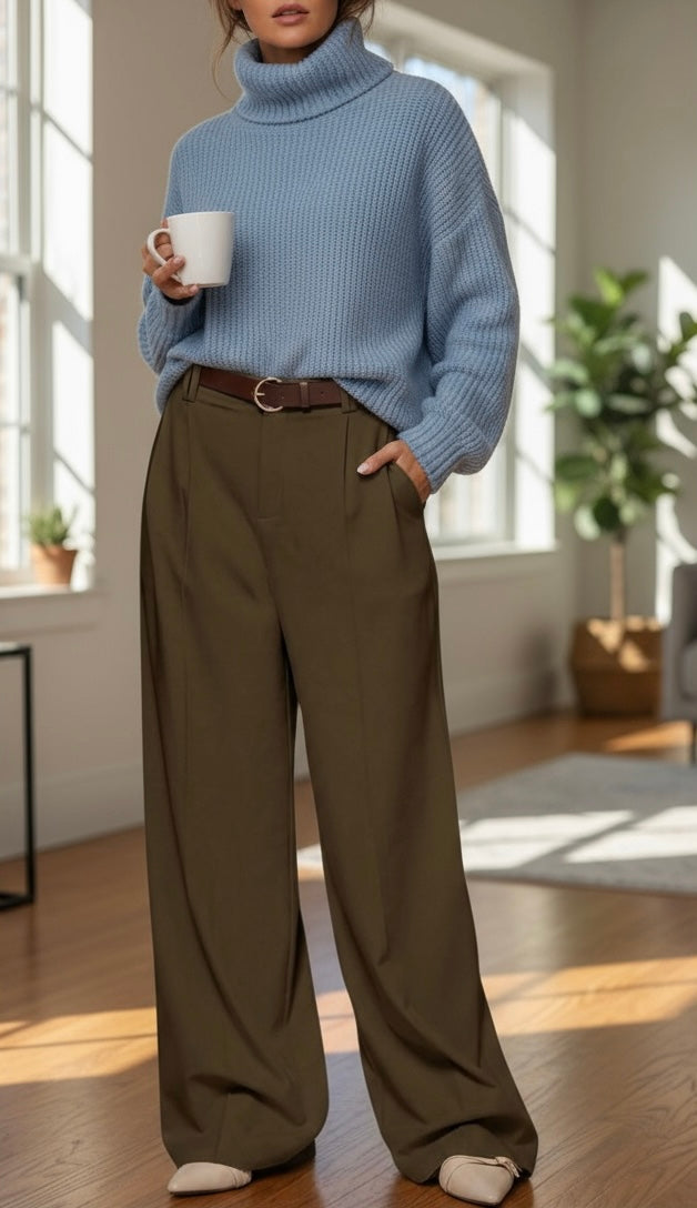 Pantalon fluide oversize taille haute - Tabac