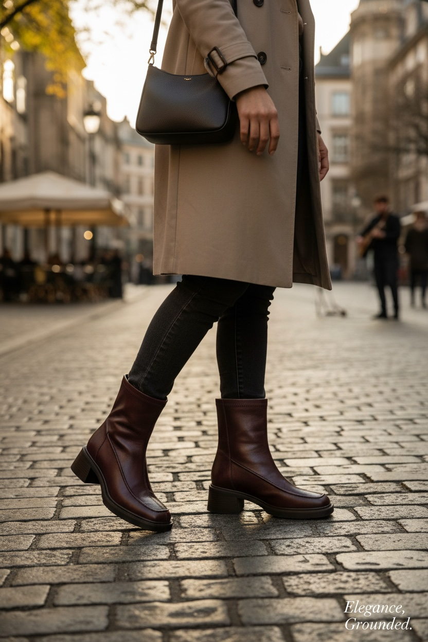 Bottines femme en cuir brun vintage – Talon bloc stable & bout carré structuré