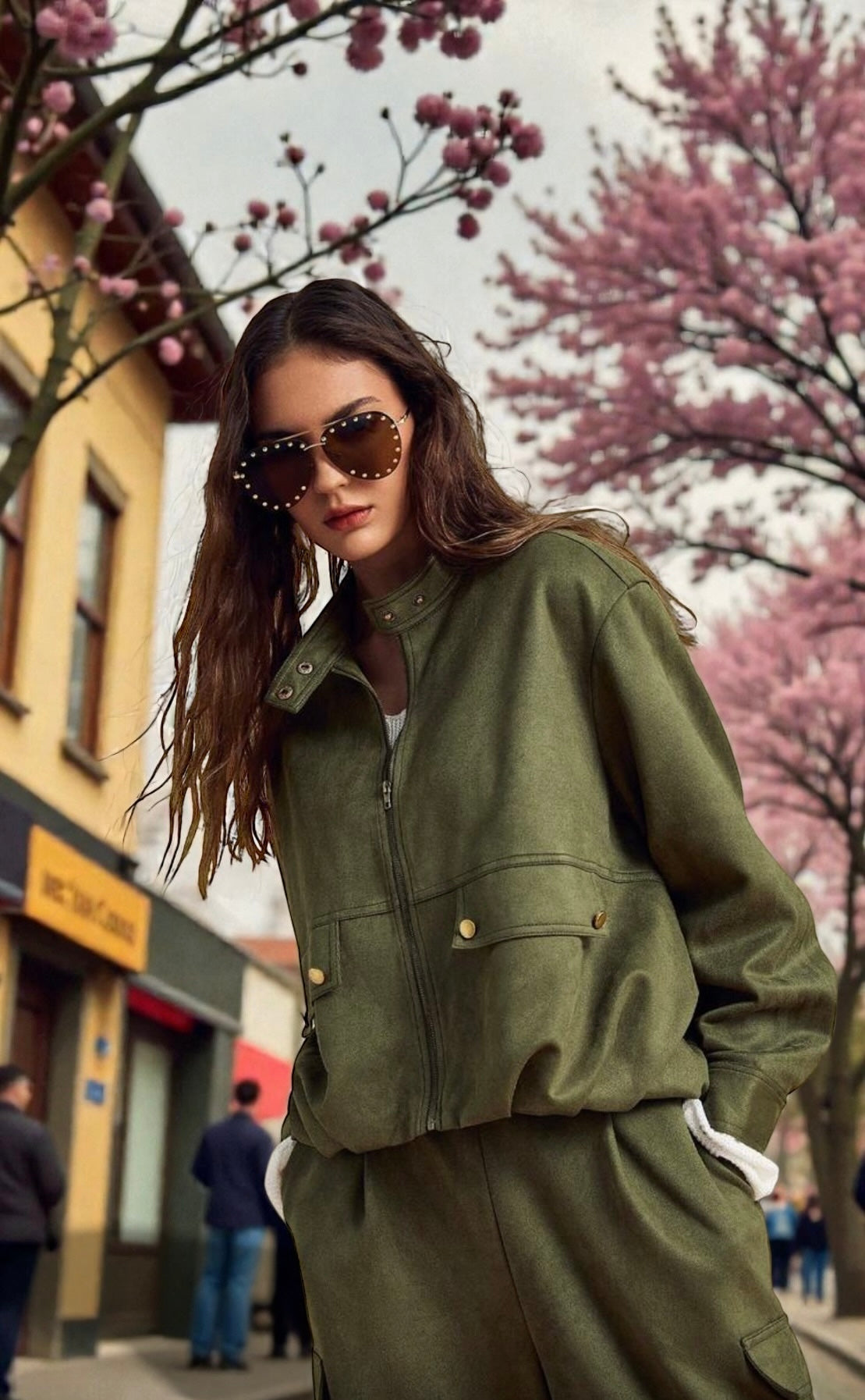 Ensemble 2 pièces veste olive daim suédée pantalon vert olive assortis