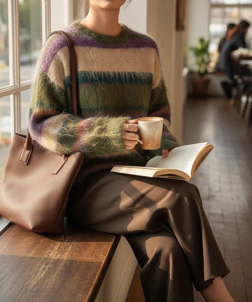 Pull mohair rayé vintage – douceur, chaleur et style rétro 🌿💜