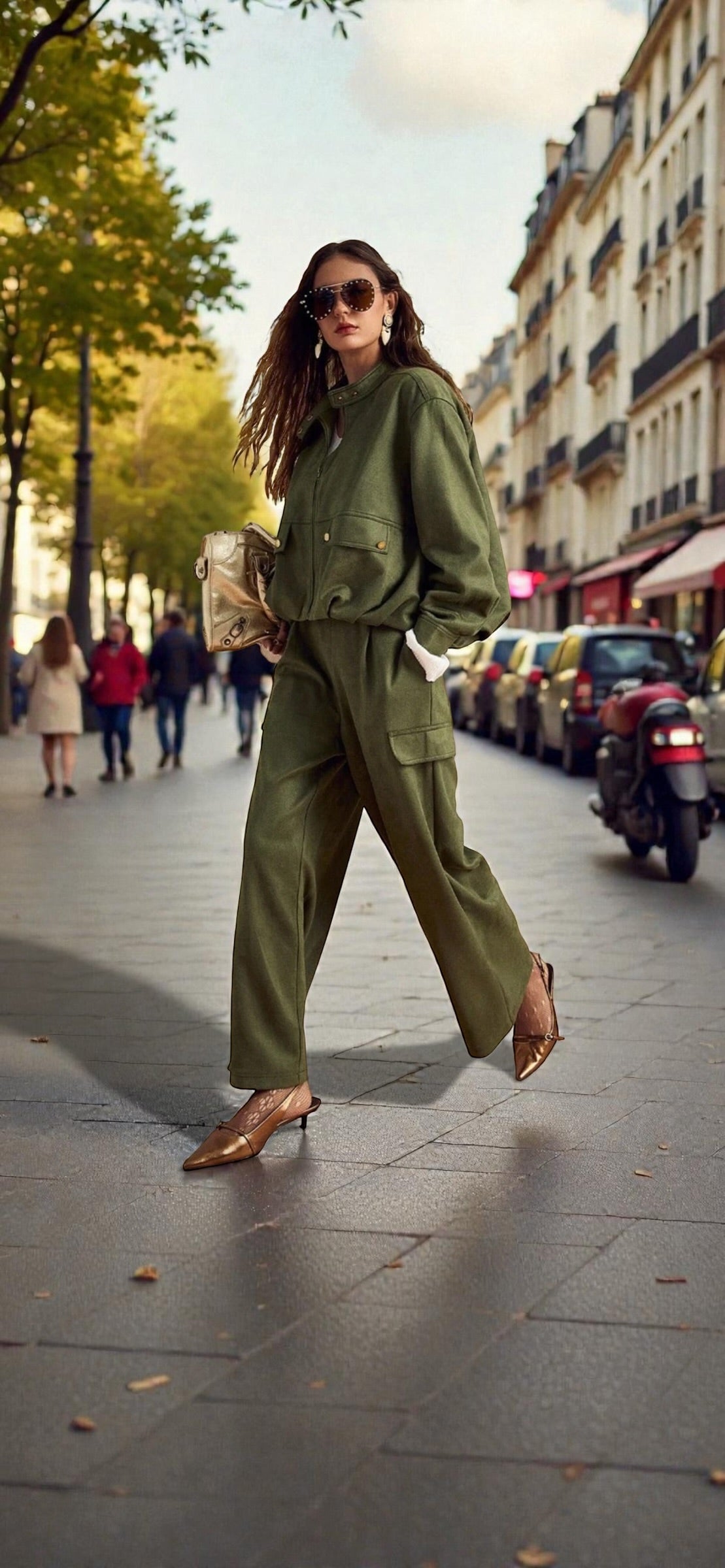 Ensemble 2 pièces veste olive daim suédée pantalon vert olive assortis
