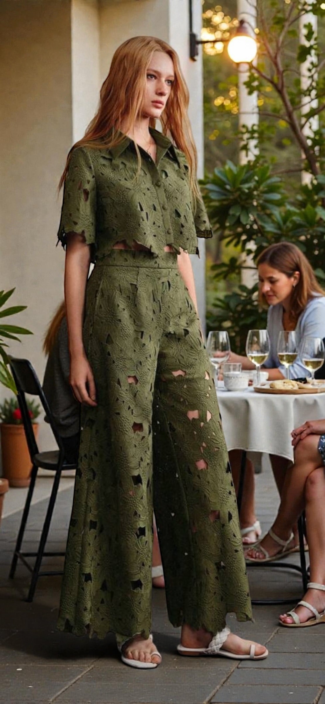 Ensemble Deux Pièces Dentelle Bohème Femme – Top Court et Pantalon Long – Vert Olive & Blanc Ivoire