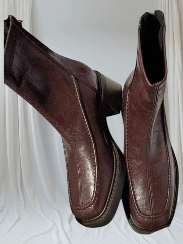 Bottines femme en cuir brun vintage – Talon bloc stable & bout carré structuré