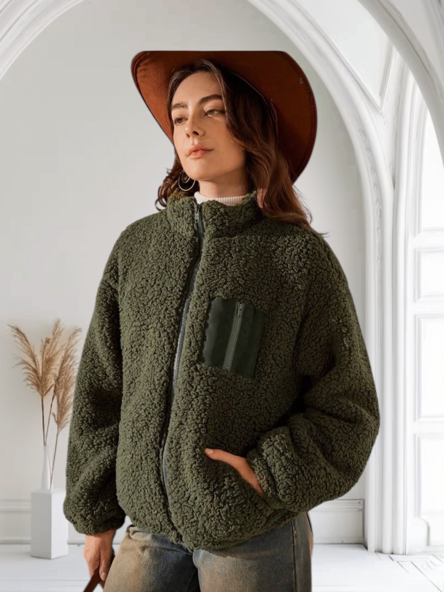 Veste Polaire Sherpa Femme Vert Forêt – Ultra-Chaude, Coupe Oversize, Doublure Confort, Style Outdoor Premium