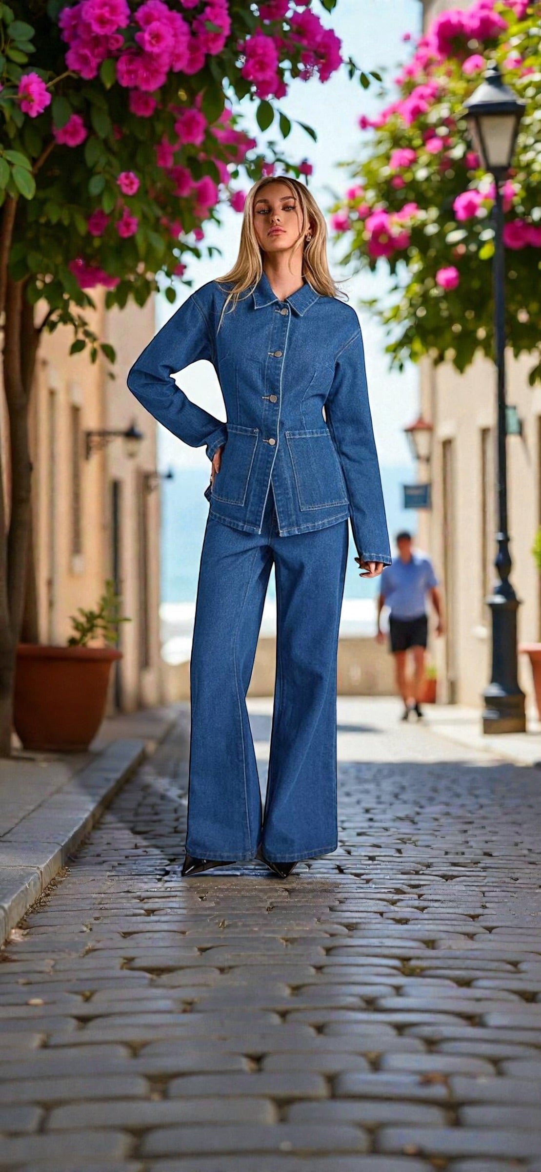 Ensemble en denim 2 pièces Jean wide Leg - Veste Denim ajustée boutons - printemps beaux jours