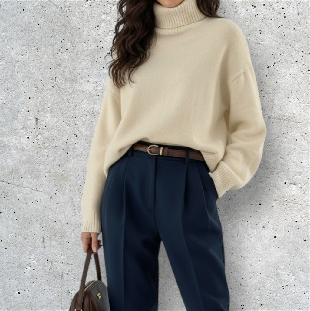 Pull oversize femme col roulé crème – gros pull chaud automne hiver tendance chic cosy