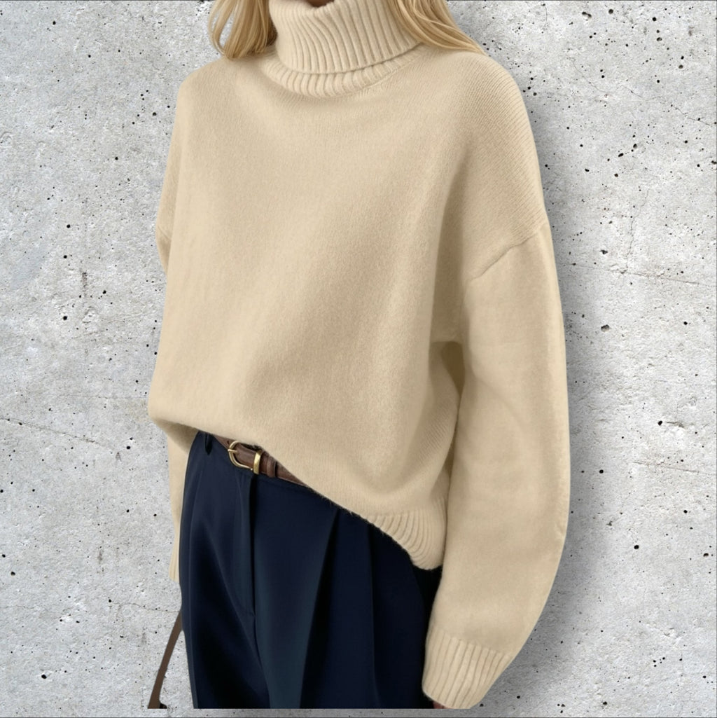 Pull oversize femme col roulé crème – gros pull chaud automne hiver tendance chic cosy