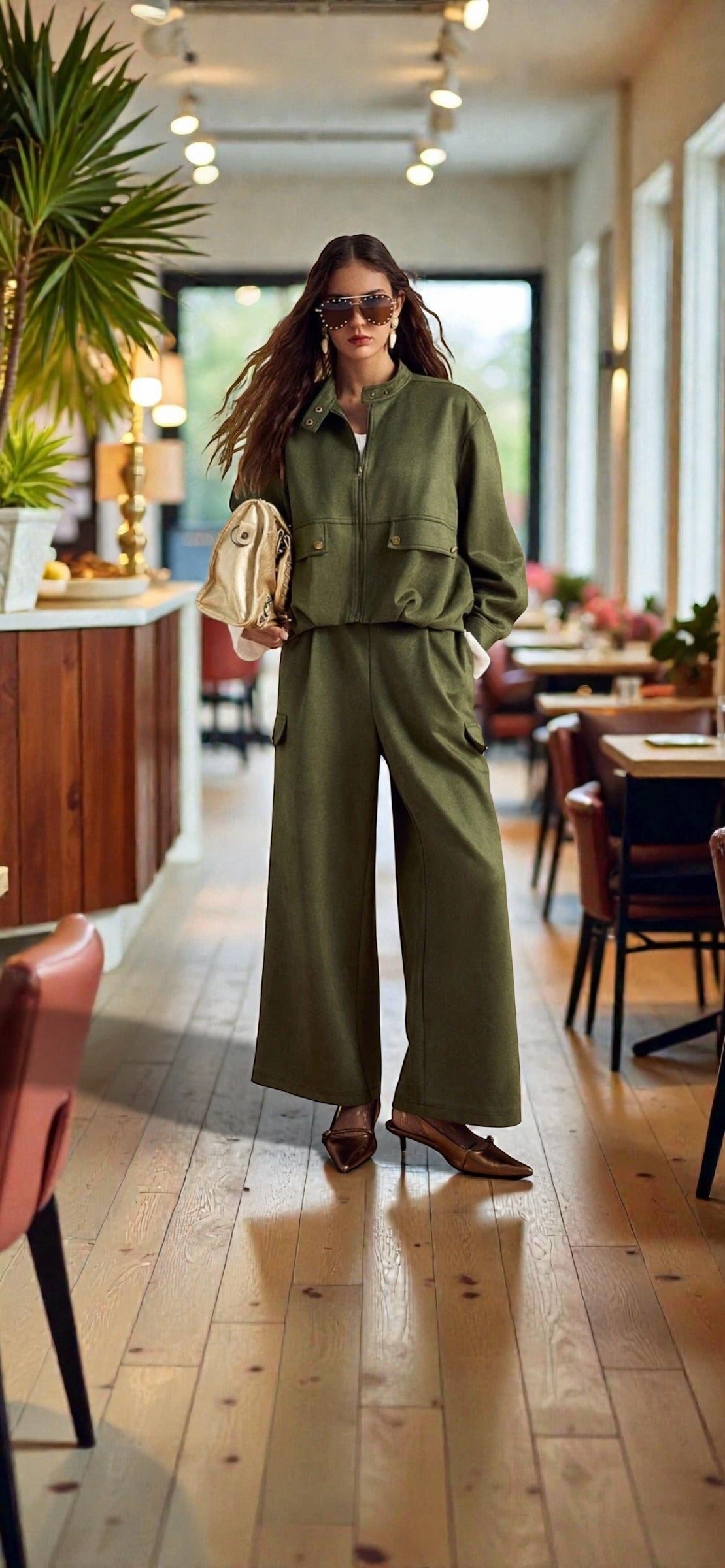 Ensemble 2 pièces veste olive daim suédée pantalon vert olive assortis