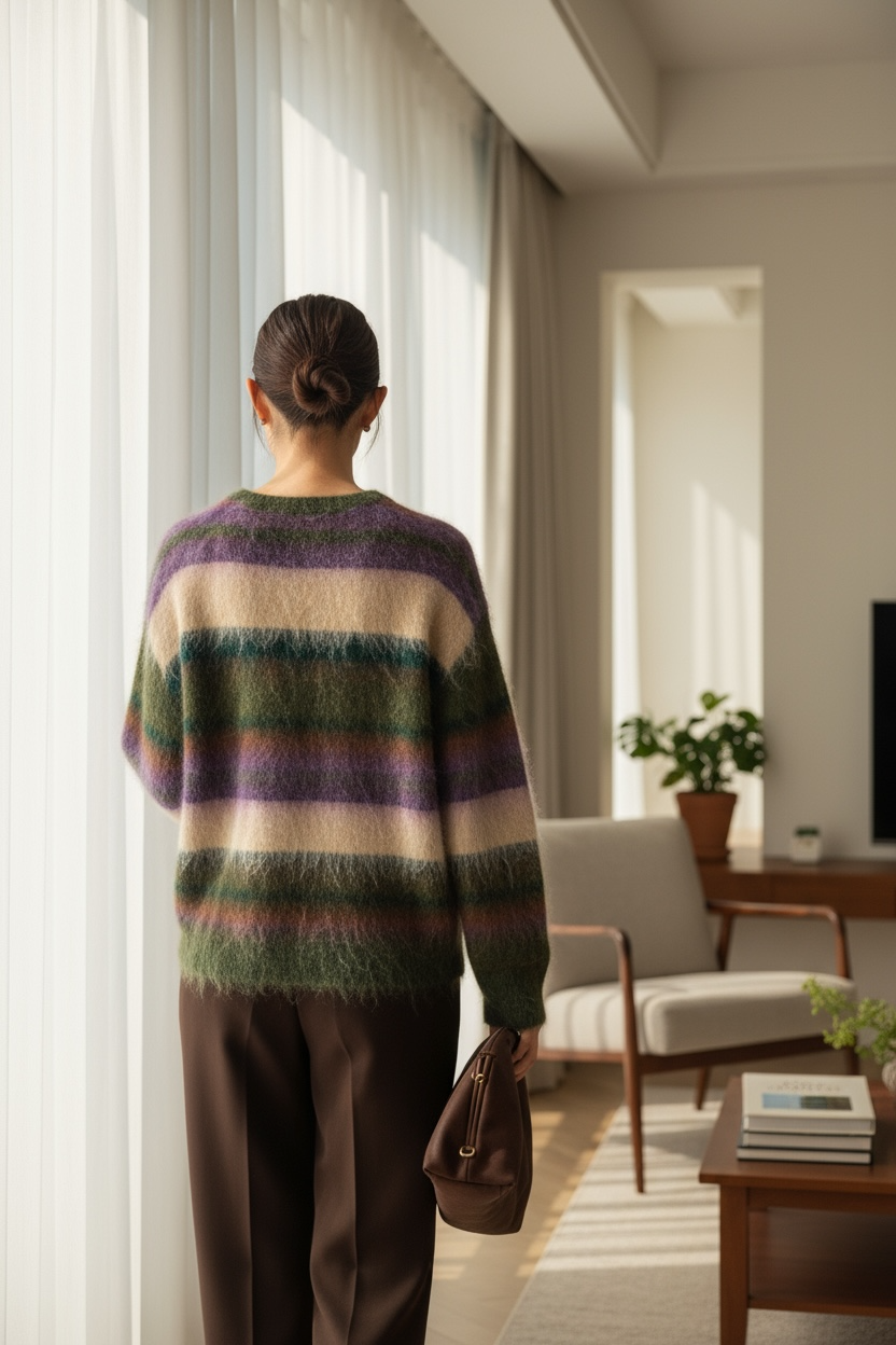 Pull mohair rayé vintage – douceur, chaleur et style rétro 🌿💜