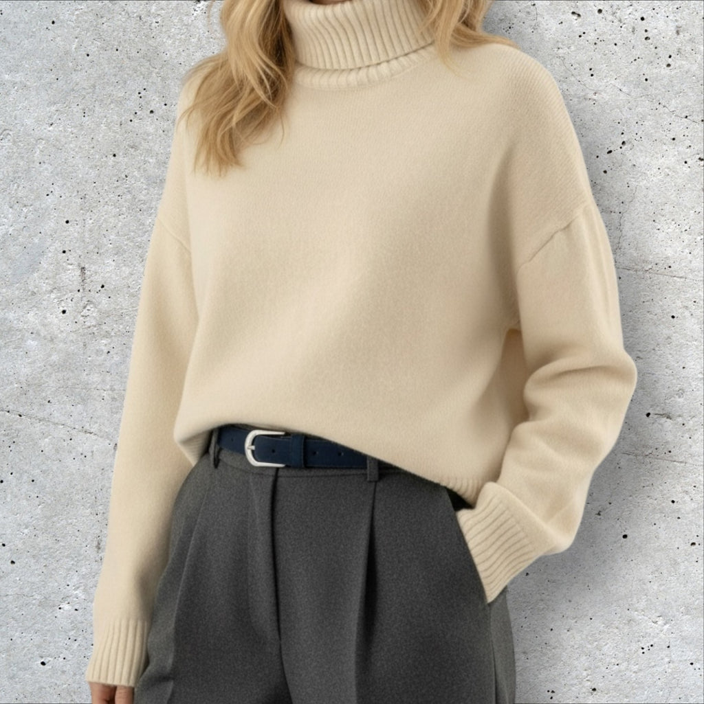 Pull oversize femme col roulé crème – gros pull chaud automne hiver tendance chic cosy