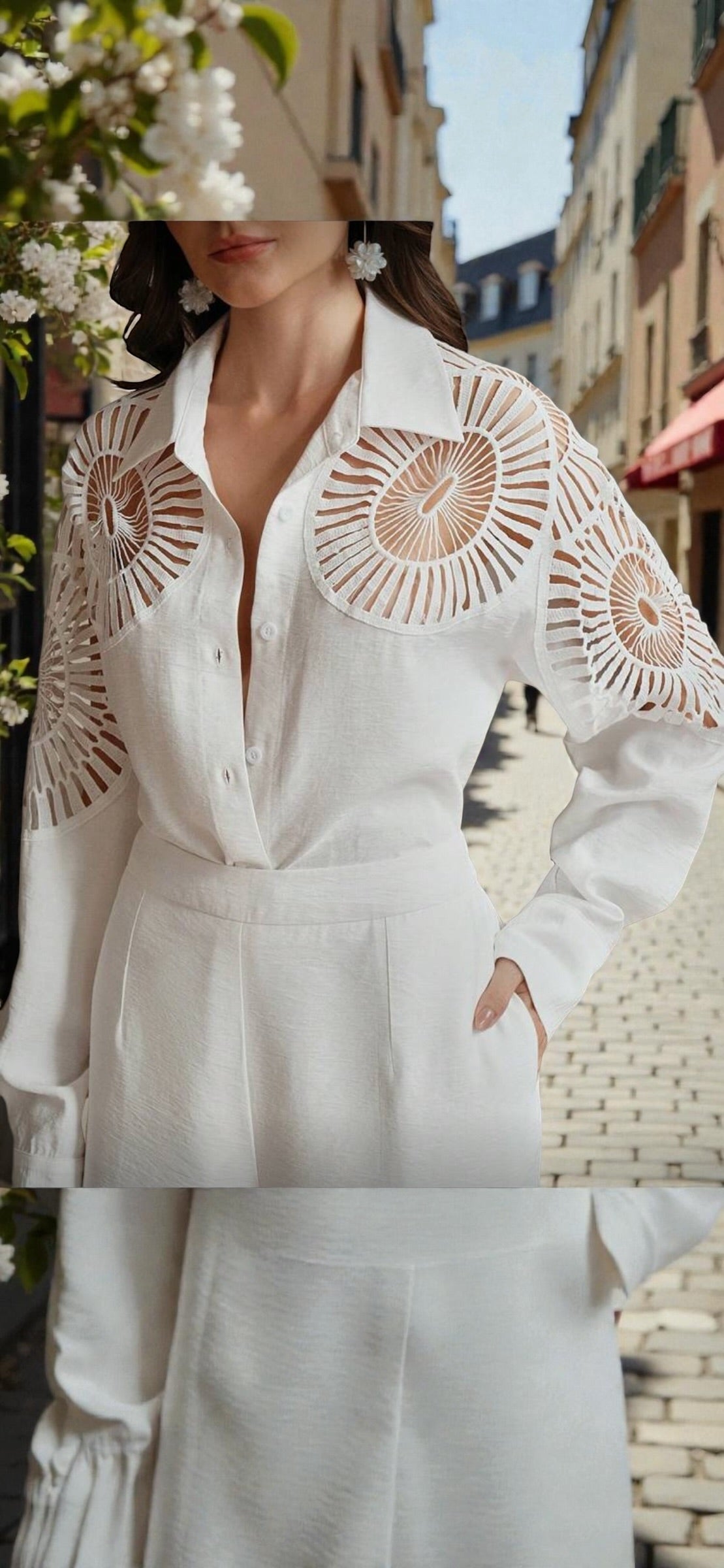 Ensemble Pantalon Blanc Minimaliste – Chemise ajourée & Coupe Large Printemps