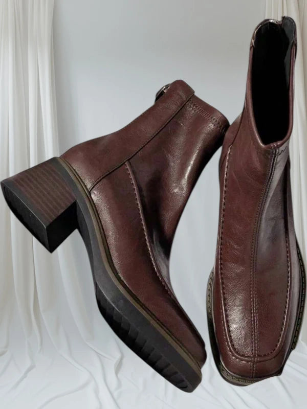 Bottines femme en cuir brun vintage – Talon bloc stable & bout carré structuré