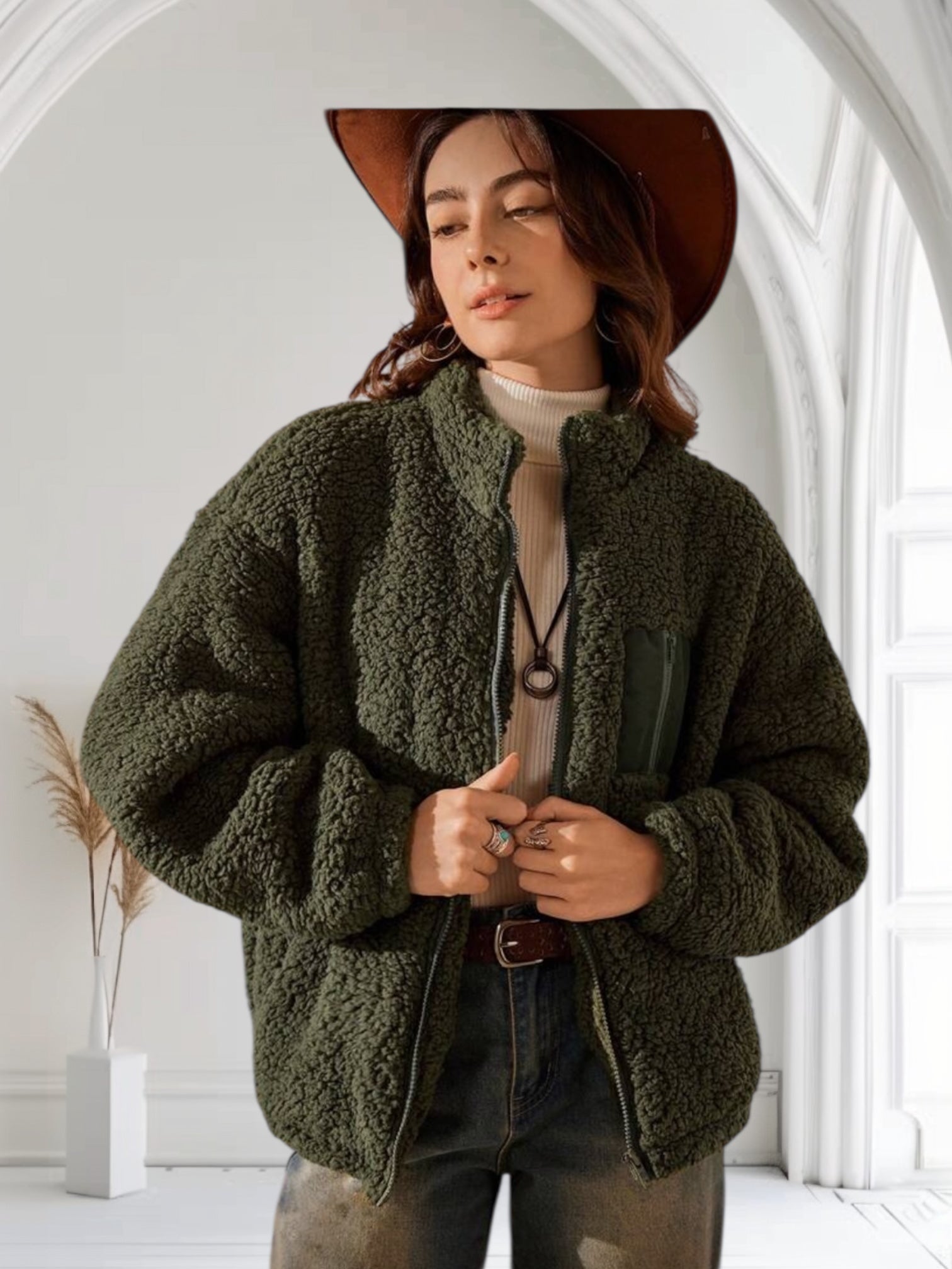 Veste Polaire Sherpa Femme Vert Forêt – Ultra-Chaude, Coupe Oversize, Doublure Confort, Style Outdoor Premium
