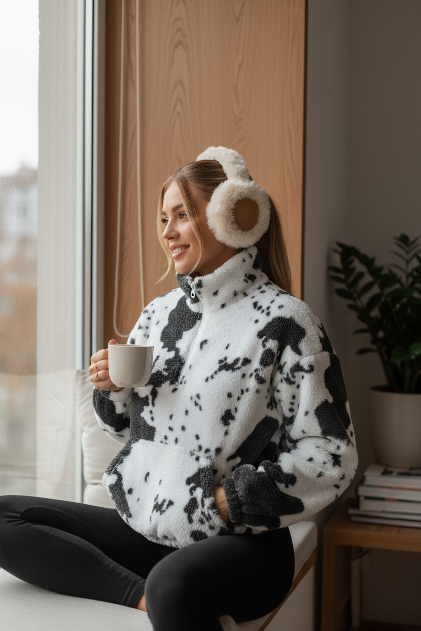 Veste Polaire Sherpa Femme Motif Tacheté – Ultra-Douce, Coupe Oversize, Style Ranch & Streetwear