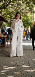 Ensemble Pantalon Blanc Minimaliste – Chemise ajourée & Coupe Large Printemps