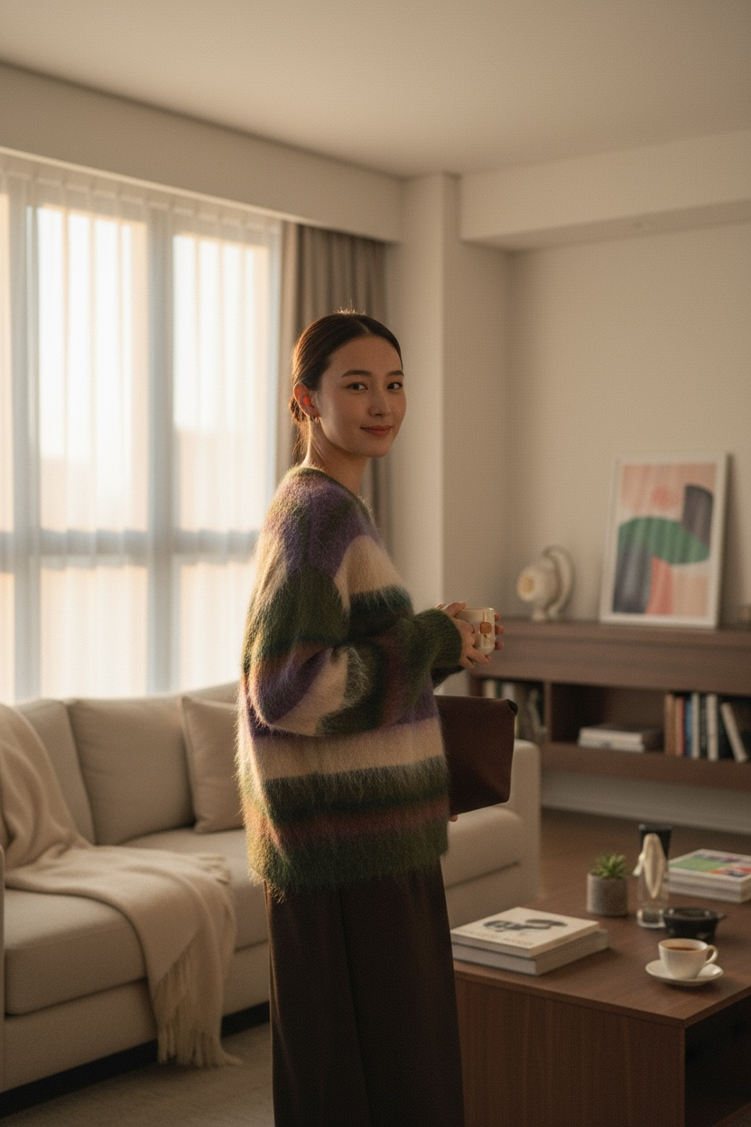 Pull mohair rayé vintage – douceur, chaleur et style rétro 🌿💜