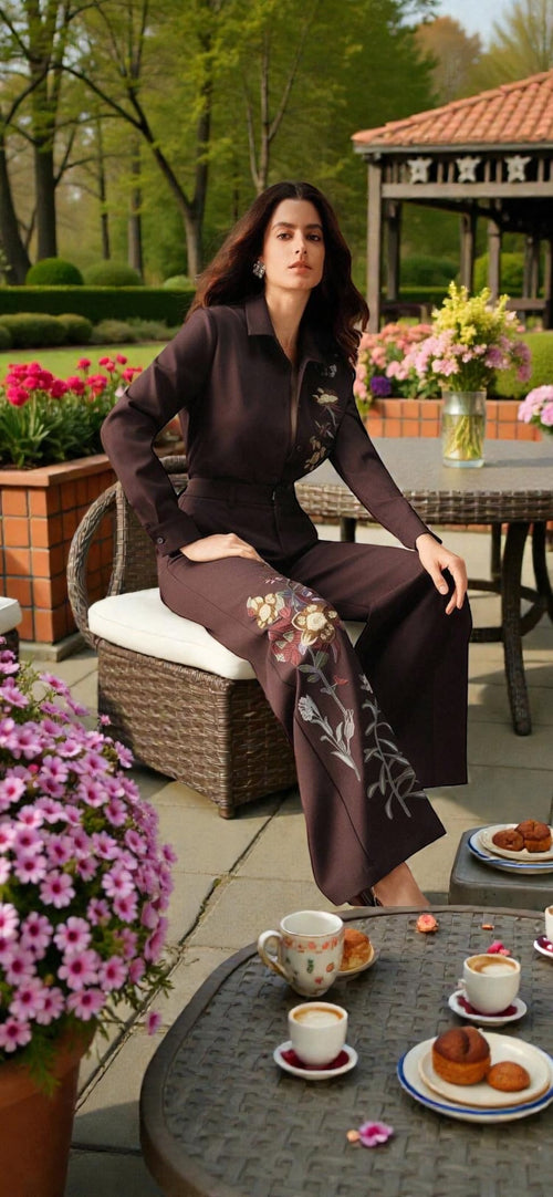Combinaison Pantalon Marron à Broderies Florales – Élégance Tailleur, Coupe Palazzo