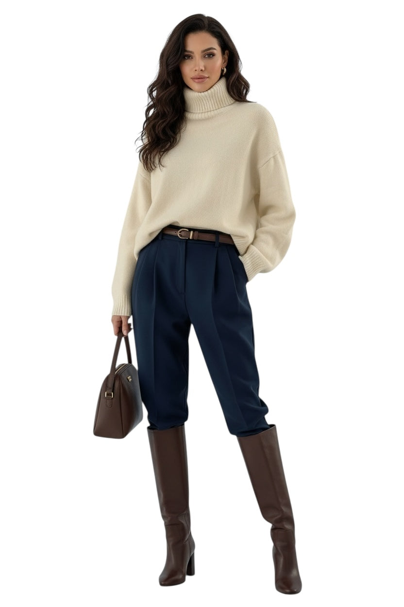 Pull oversize femme col roulé crème – gros pull chaud automne hiver tendance chic cosy