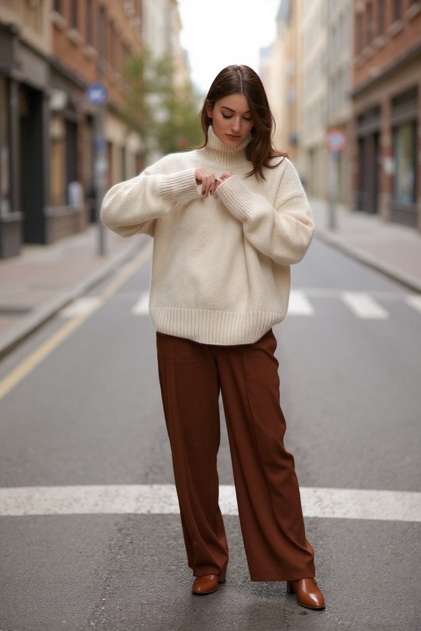 Pull oversize femme col roulé crème – gros pull chaud automne hiver tendance chic cosy