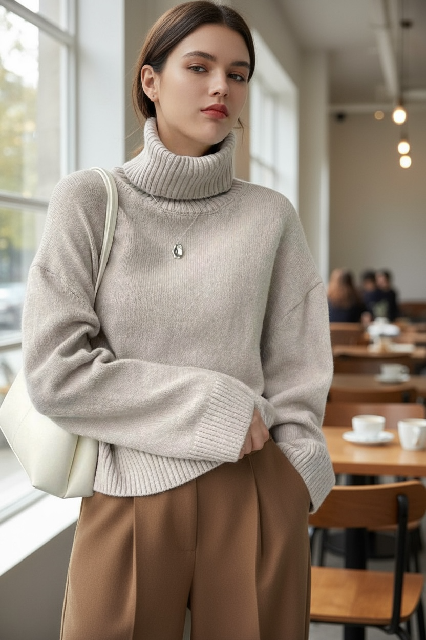 Pull Col Roulé Oversize Femme en Maille Douce – Pull Hiver Chic Décontracté