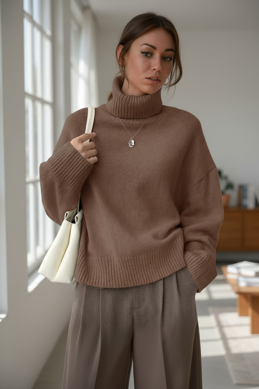 Pull Col Roulé Oversize Femme en Maille Douce – Pull Hiver Chic Décontracté